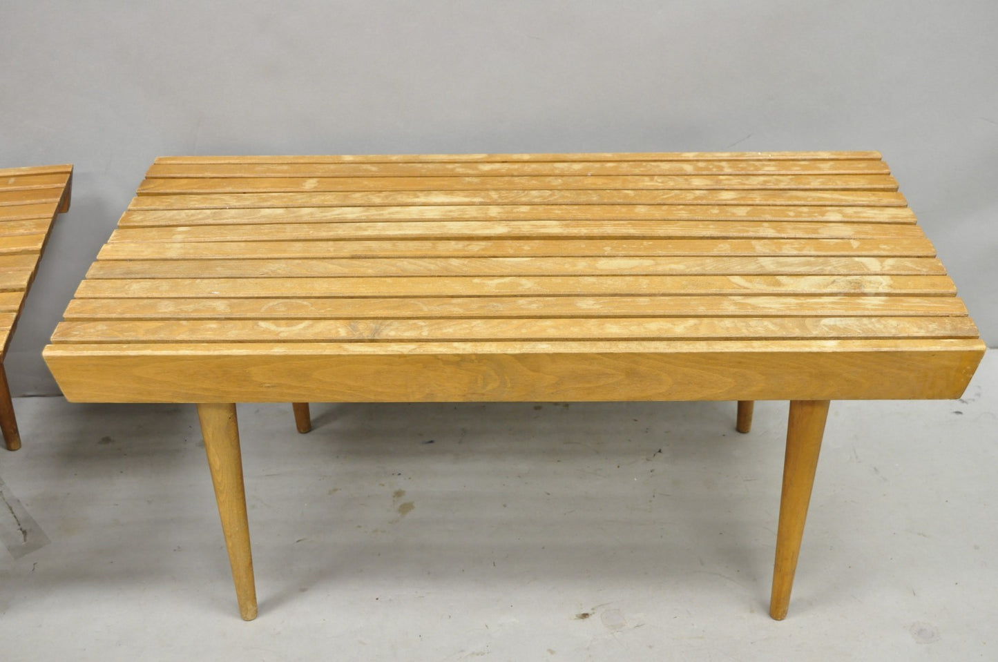 Vintage Mid Century Modern 36" Wood Slat Bench Coffee Table Side Table - a Pair