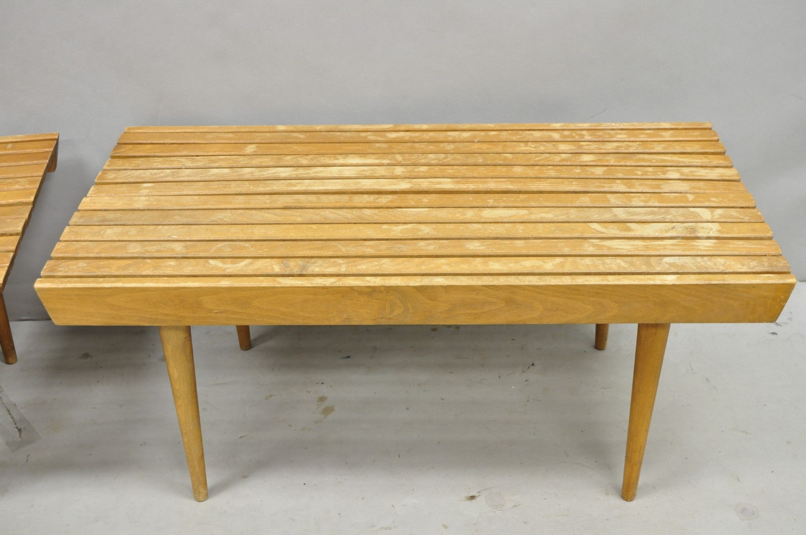 Vintage Mid Century Modern 36" Wood Slat Bench Coffee Table Side Table - a Pair