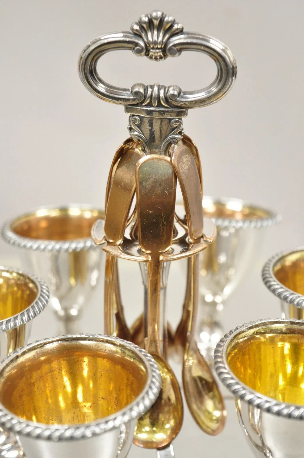 Antique English Victorian Silver Plated Egg Server w/ Spoon Set - Service for 6