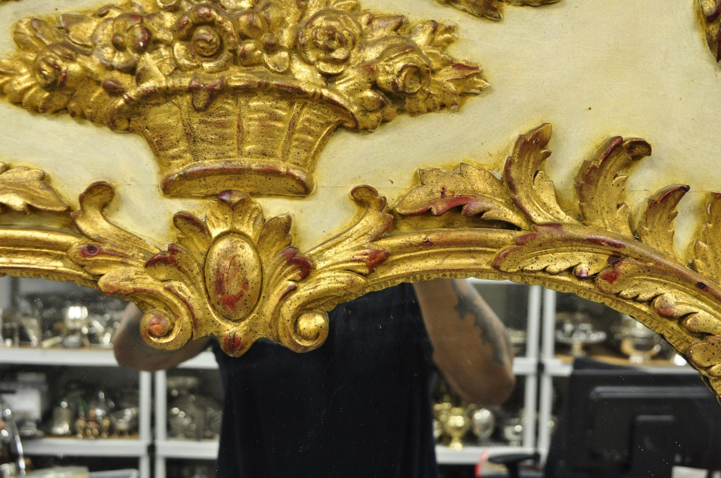 Antique French Louis XV Style Cream & Gold Gilt Drape Ribbon Trumeau Wall Mirror