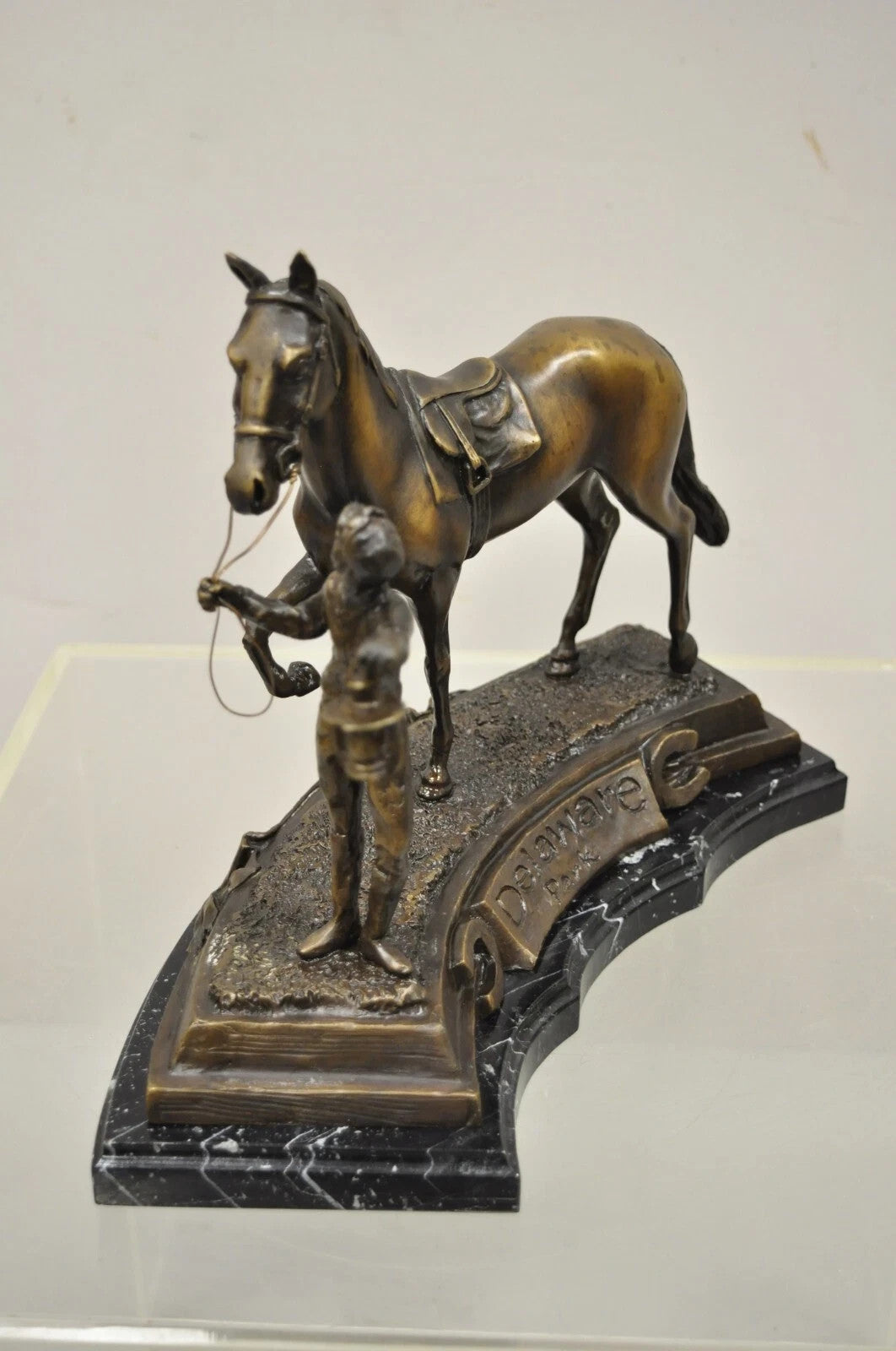 Delaware Park Bronze Equestrian Rider Jockey Leading Race Horse Lantern Statue
