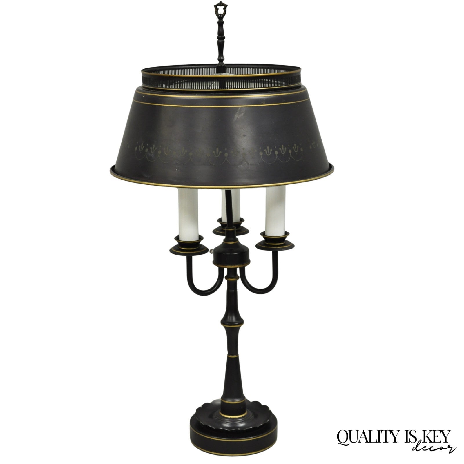 Vintage French Country Black Tole Metal Three Arm Candelabra Table Lamp w/ Shade