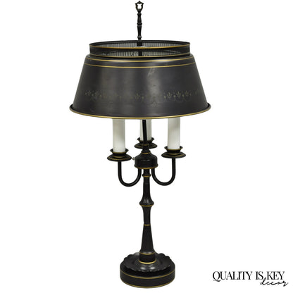 Vintage French Country Black Tole Metal Three Arm Candelabra Table Lamp w/ Shade