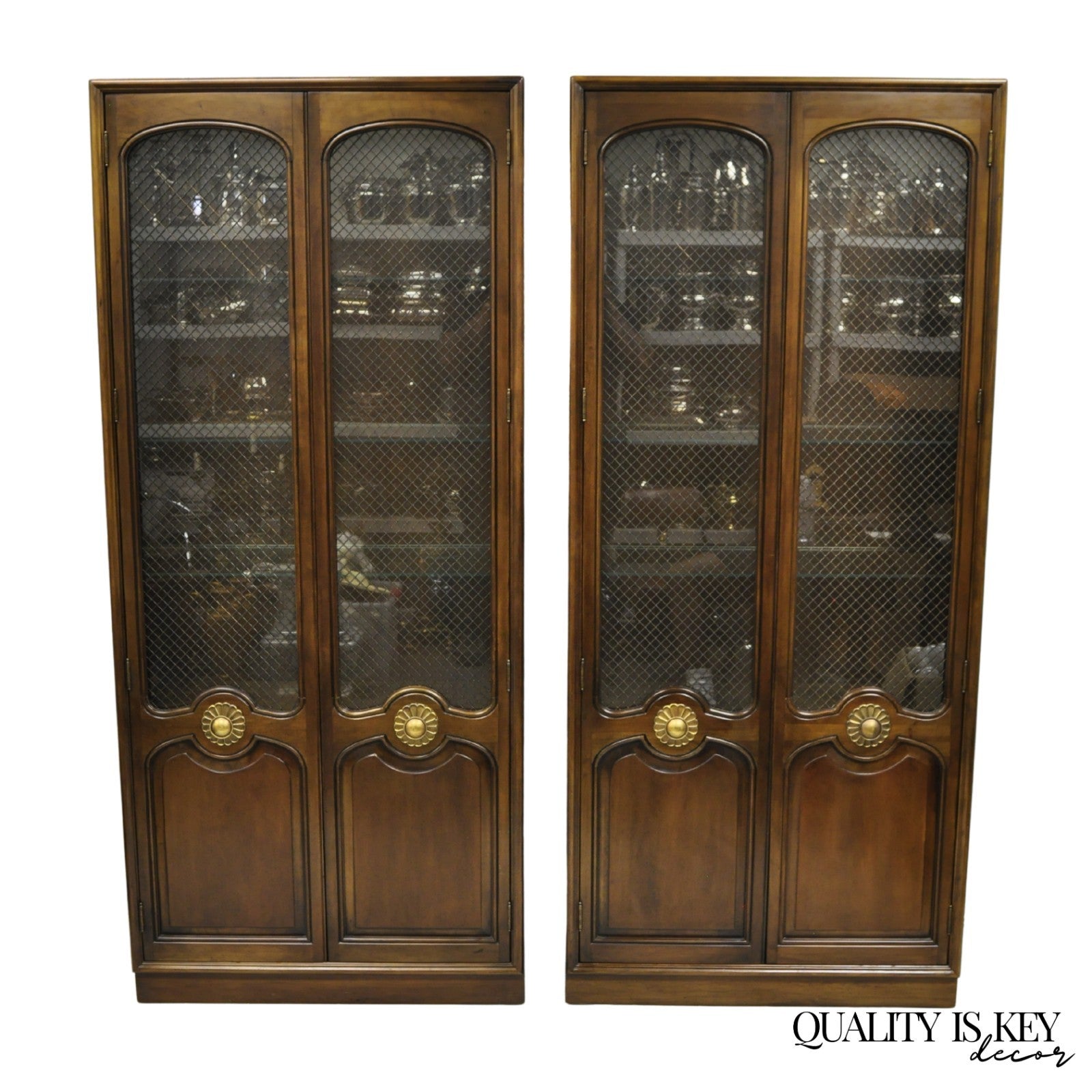 Vintage French Country Dark Cherry Wood Tall Lighted Curio Display Cabinet Pair