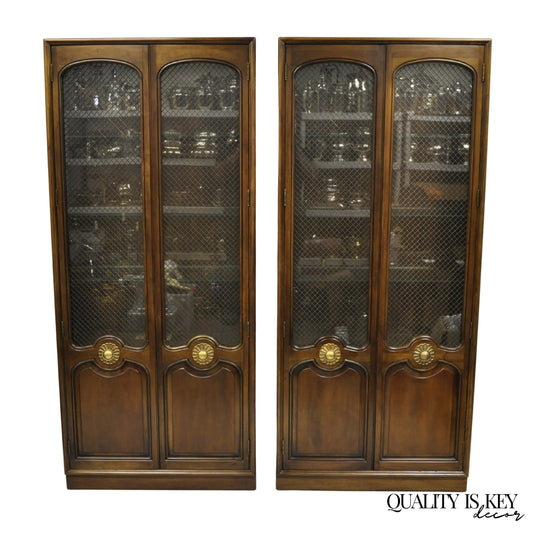 Vintage French Country Dark Cherry Wood Tall Lighted Curio Display Cabinet Pair