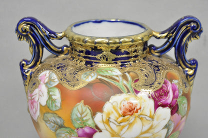 Antique Nippon Hand Painted Floral Design Cobalt Blue Porcelain Bolted Urn Vase
