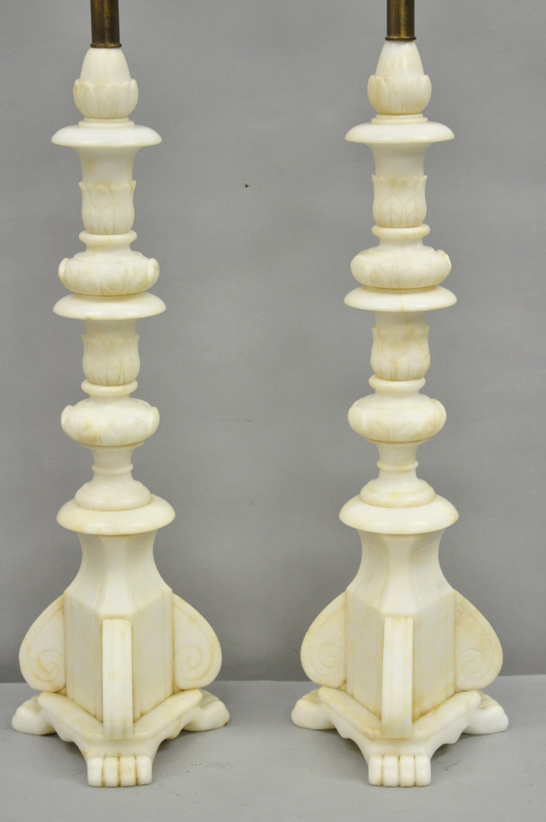 Antique Italian Neoclassical Carved Alabaster Marble Column Table Lamps - a Pair