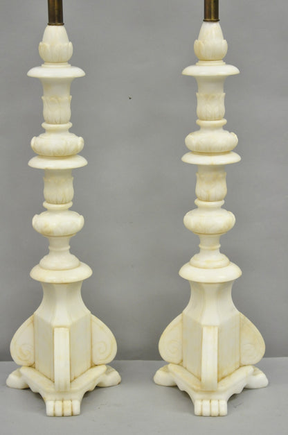 Antique Italian Neoclassical Carved Alabaster Marble Column Table Lamps - a Pair