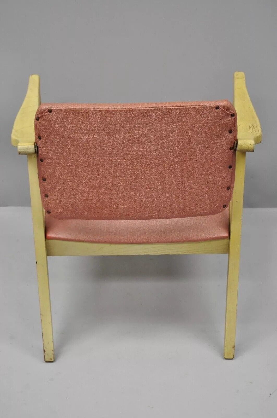 Vintage Mid Century Modern Pink Vinyl Blonde Wood Armchair w/ Pivoting Back
