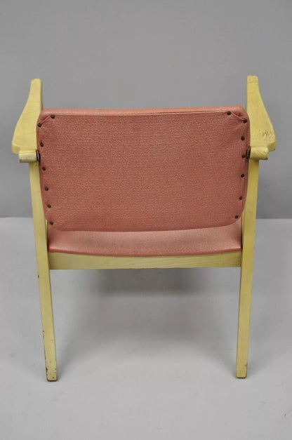 Vintage Mid Century Modern Pink Vinyl Blonde Wood Armchair w/ Pivoting Back