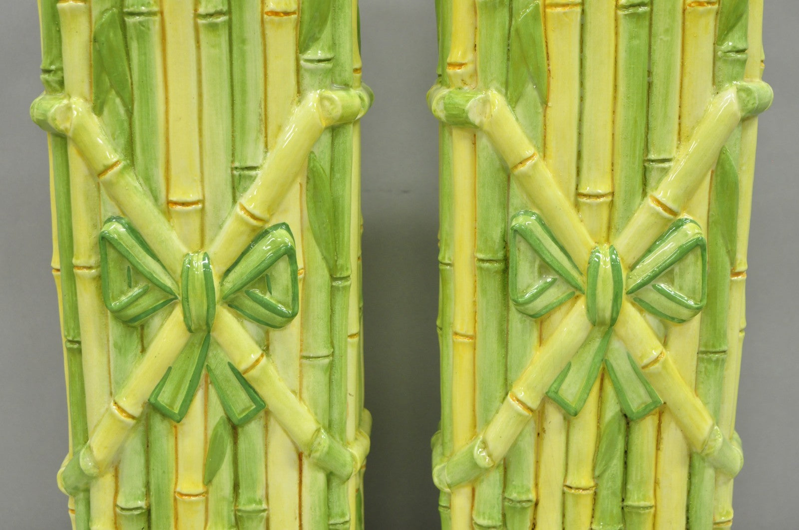 Vintage Hollywood Regency Green & Yellow Ceramic Faux Bamboo Table Lamps - Pair