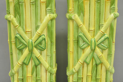 Vintage Hollywood Regency Green & Yellow Ceramic Faux Bamboo Table Lamps - Pair