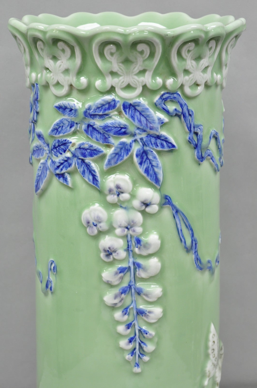 Japanese Porcelain Glazed Celadon Wisteria Flower & Butterfly Umbrella Stand