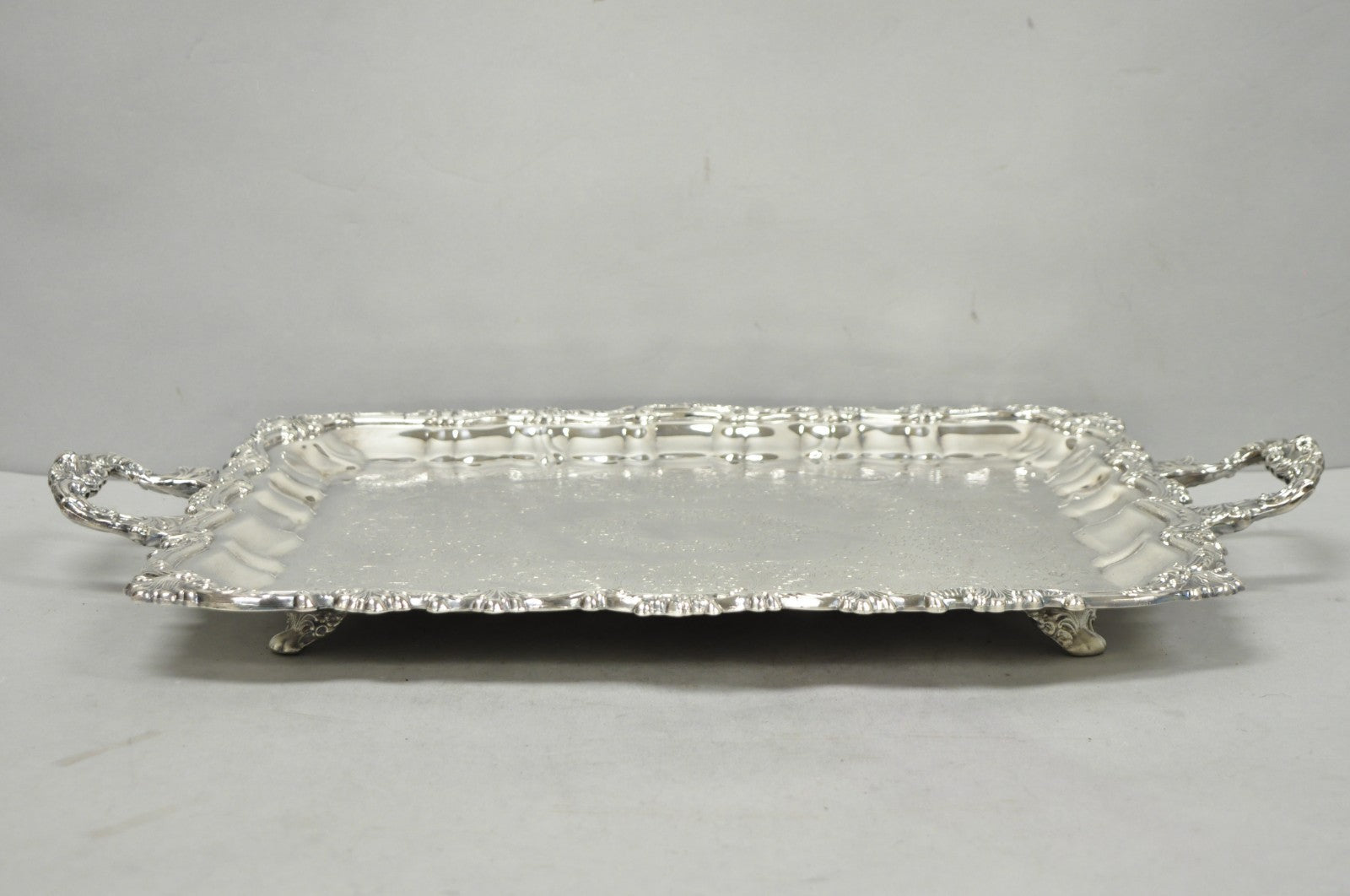 Vintage Victorian Silver Plated Footed Twin Handle Serving Platter Bar Tray