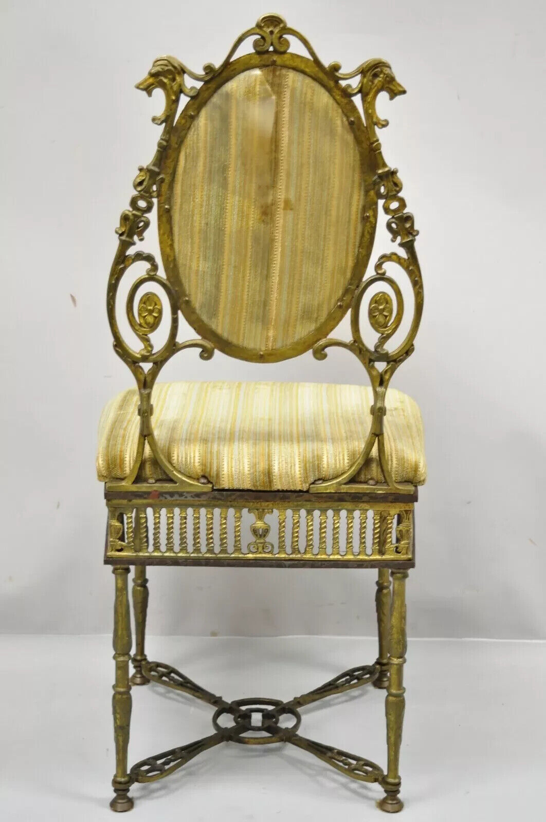Antique Victorian Bronze Brass Oscar Bach Style Parlor Salon Side Chairs - Pair