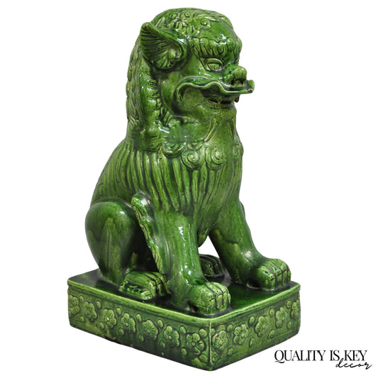 Vintage Chinoiserie Green Majolica Glazed Ceramic 24" Chinese Foo Dog Statue