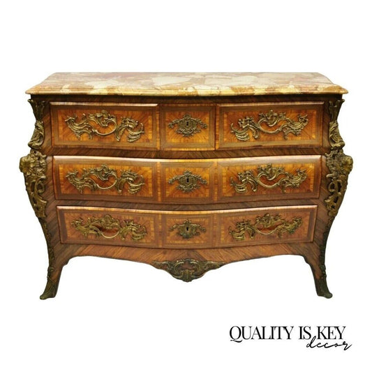 French Louis XV Style Inlaid Marble Top Bombe Commode Chest with Bronze Figures