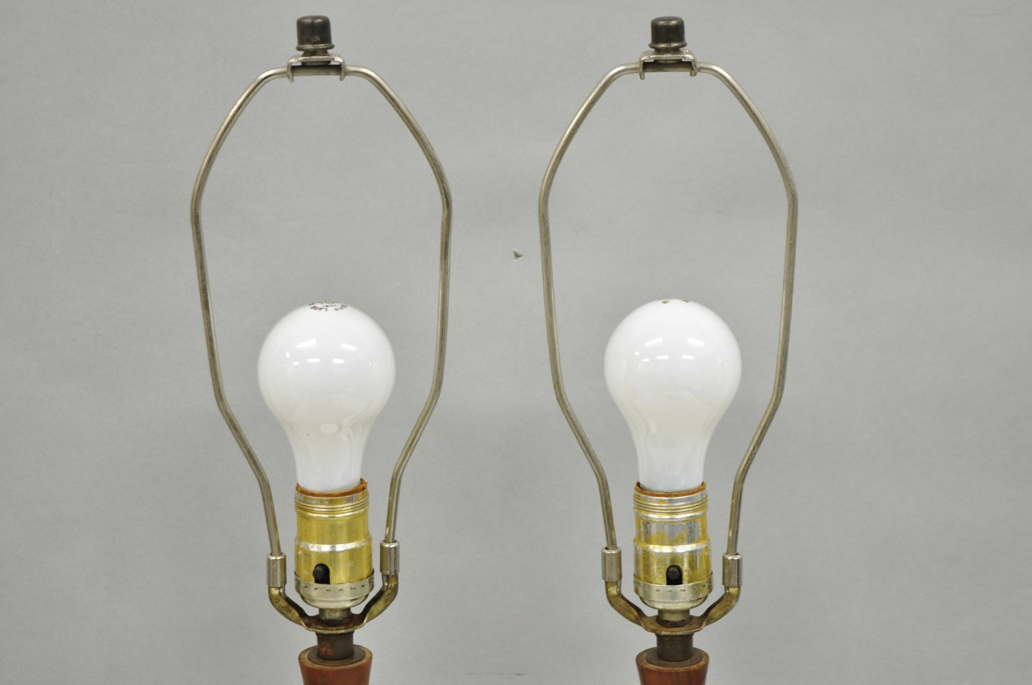 Vintage Mid Century Modern Petite Ceramic Pottery & Walnut Table Lamps - a Pair