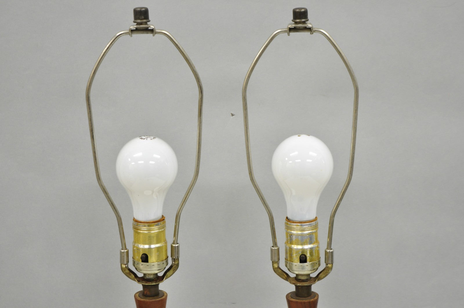 Vintage Mid Century Modern Petite Ceramic Pottery & Walnut Table Lamps - a Pair