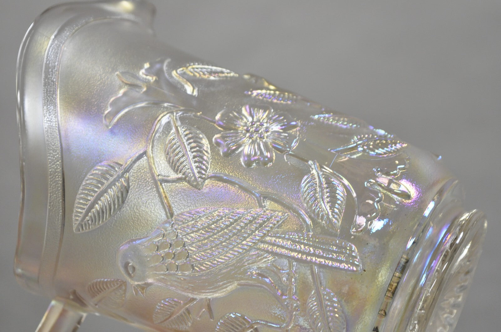 Vintage Imperial Carnival Glass Iridescent Frosty White Robins & Flowers Pitcher