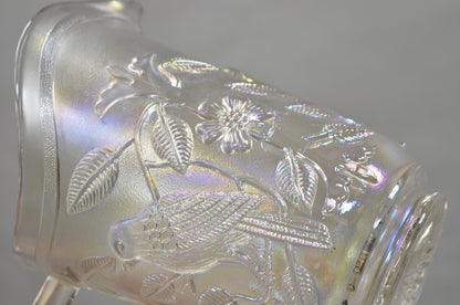 Vintage Imperial Carnival Glass Iridescent Frosty White Robins & Flowers Pitcher