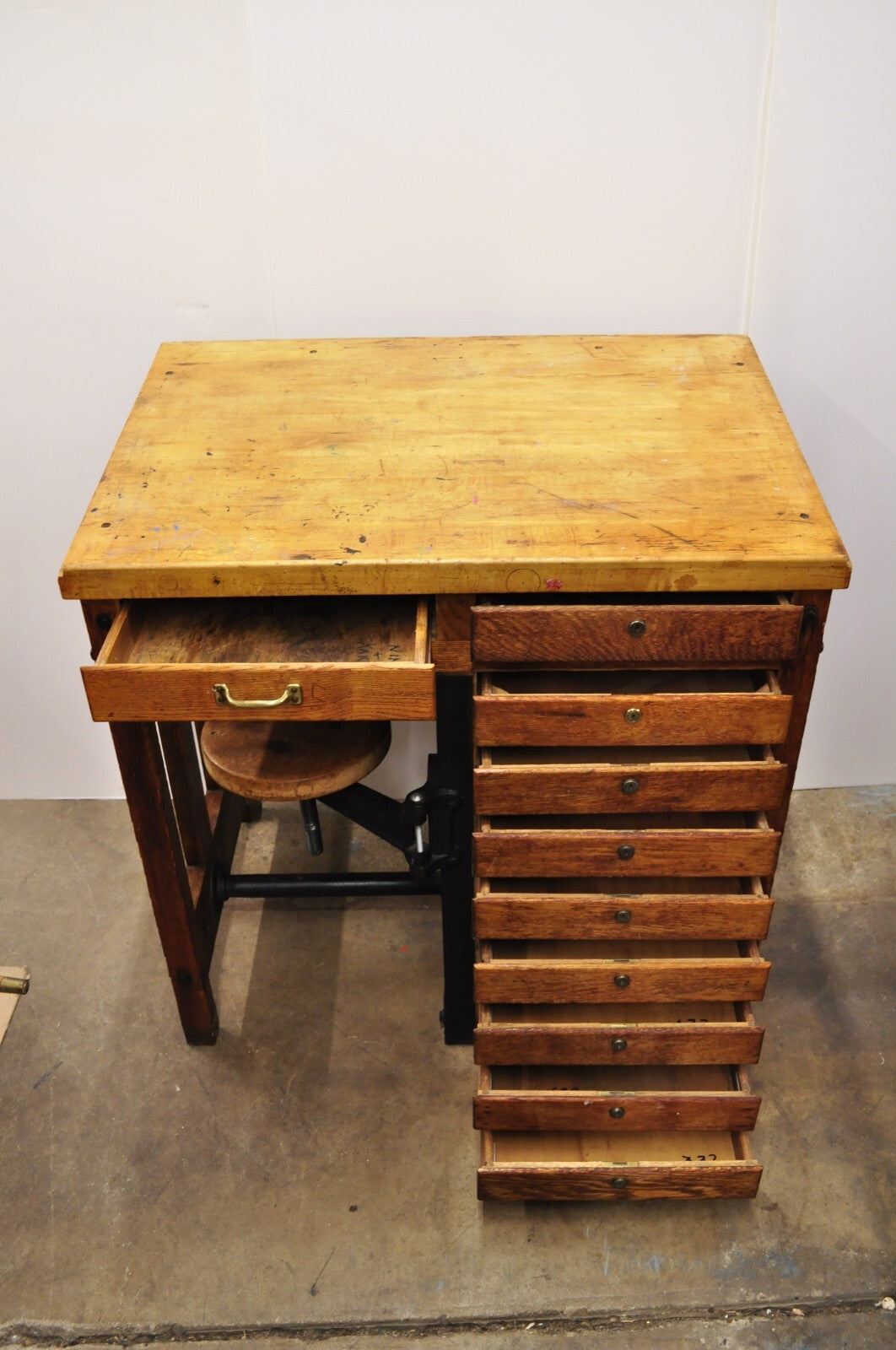 Antique Arts & Crafts Oak Jewelers Workbench Desk Drafting Table w/ Swivel Stool