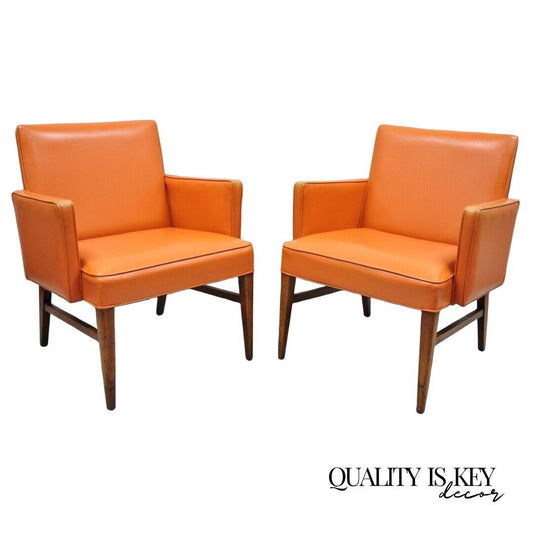 Mid Century Modern Jens Risom Style Orange Vinyl Club Lounge Chair - a Pair