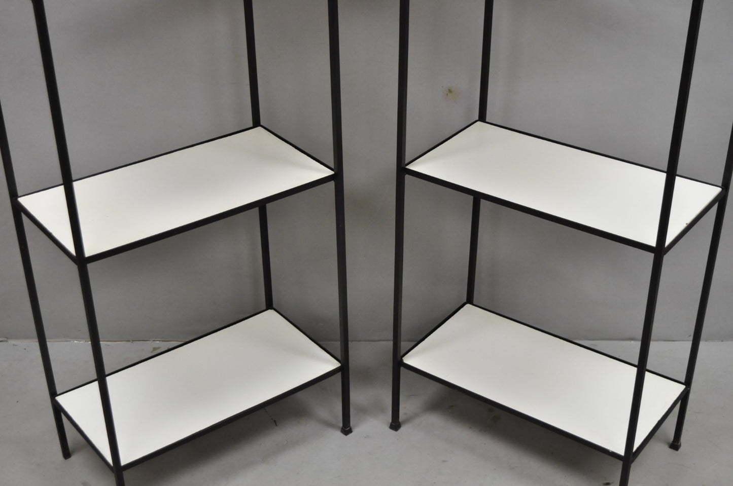 Vintage Mid Century Modern Narrow Arched Wrought Iron Etagere Bookcase - a Pair