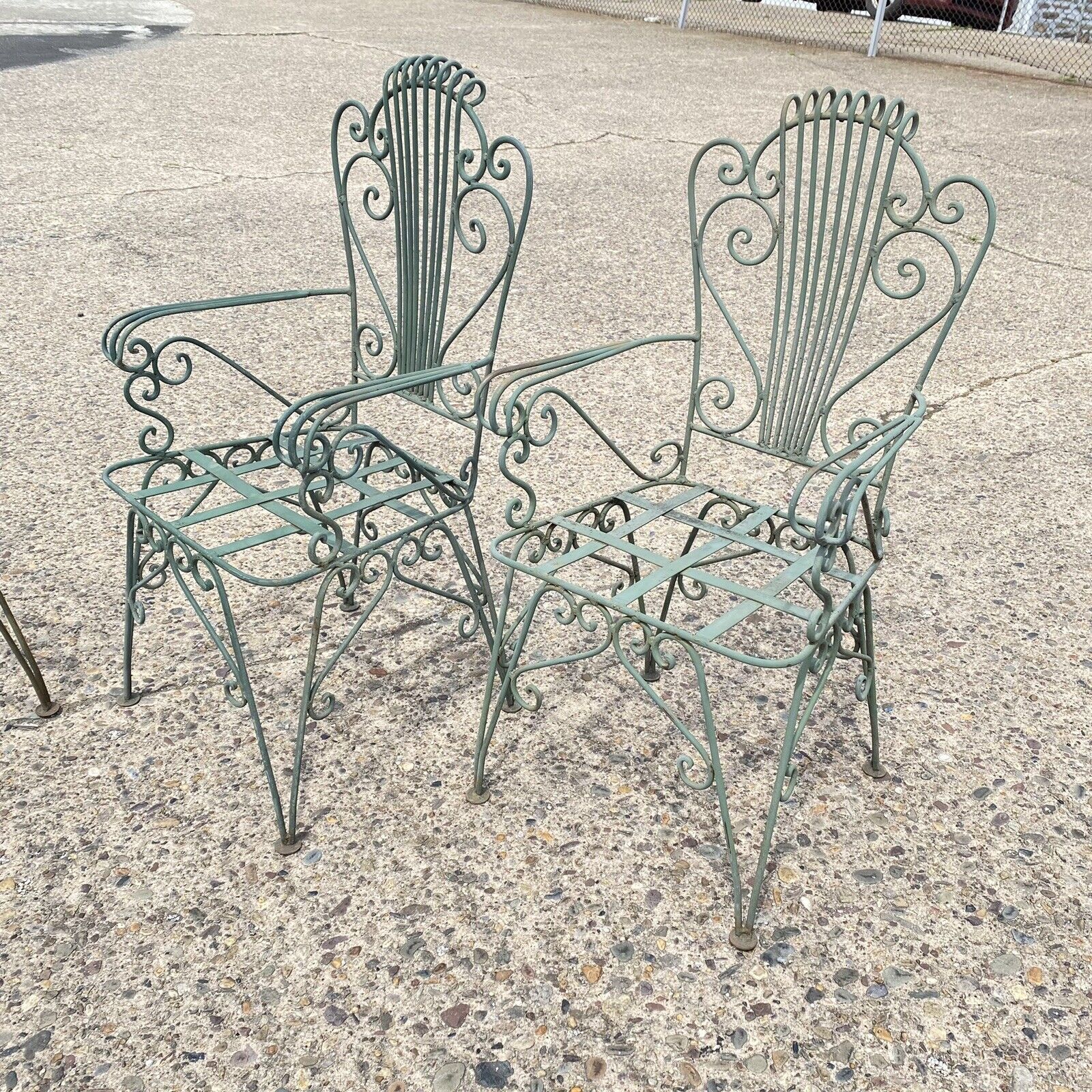 Vintage Neoclassical Style Green Wrought Iron Lyre Harp Garden Chairs - Set of 4