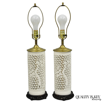 Chinoiserie White Blanc De Chine Porcelain Cherry Blossom Table Lamp - a Pair
