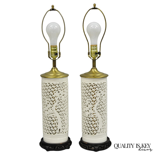 Chinoiserie White Blanc De Chine Porcelain Cherry Blossom Table Lamp - a Pair