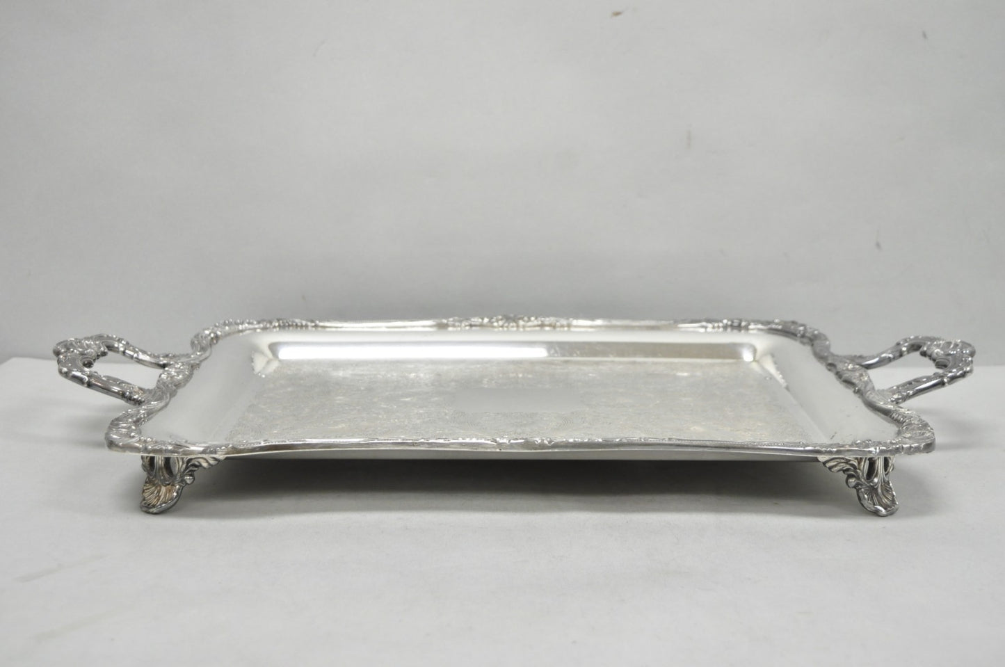 Vintage WM Rogers 290 Silver Plated Twin Handle Footed Bar Serving Platter Tray