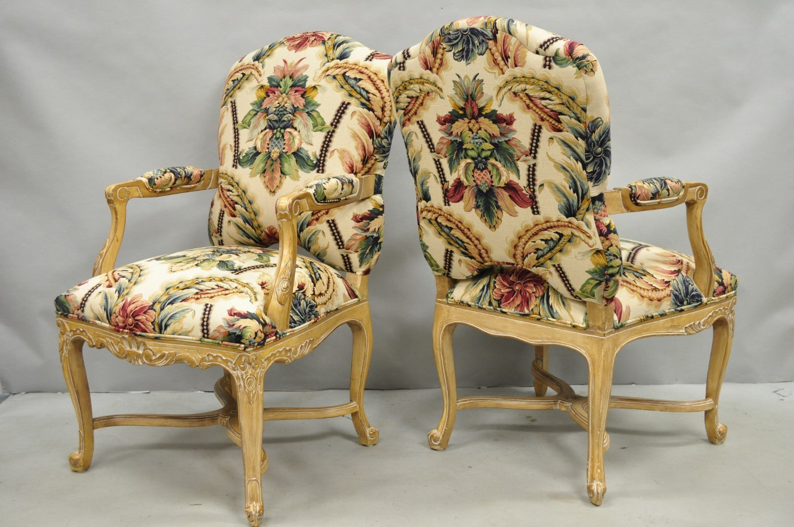 Vintage French Country Louis XV Style Carved Wood Lounge Arm Chairs - a Pair