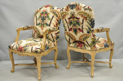 Vintage French Country Louis XV Style Carved Wood Lounge Arm Chairs - a Pair