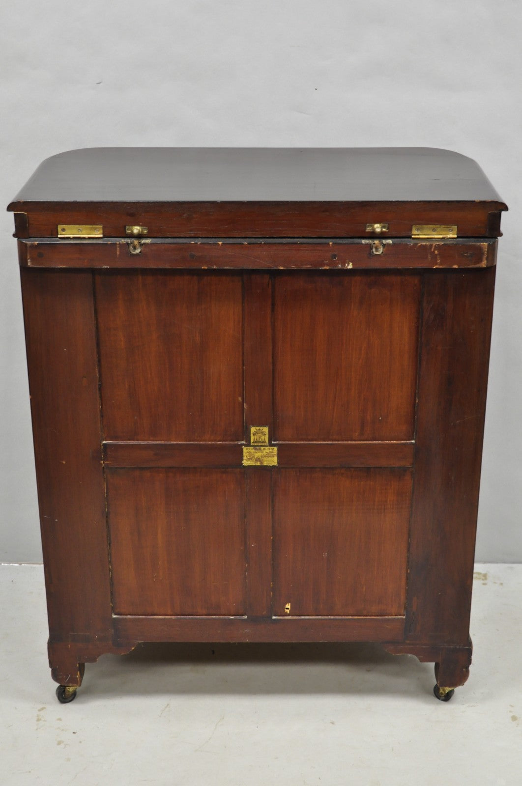 Vintage J L George Zee Chinese Figural Carved Teak Wood Flip Top Dry Bar Cabinet