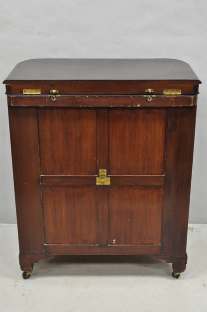 Vintage J L George Zee Chinese Figural Carved Teak Wood Flip Top Dry Bar Cabinet