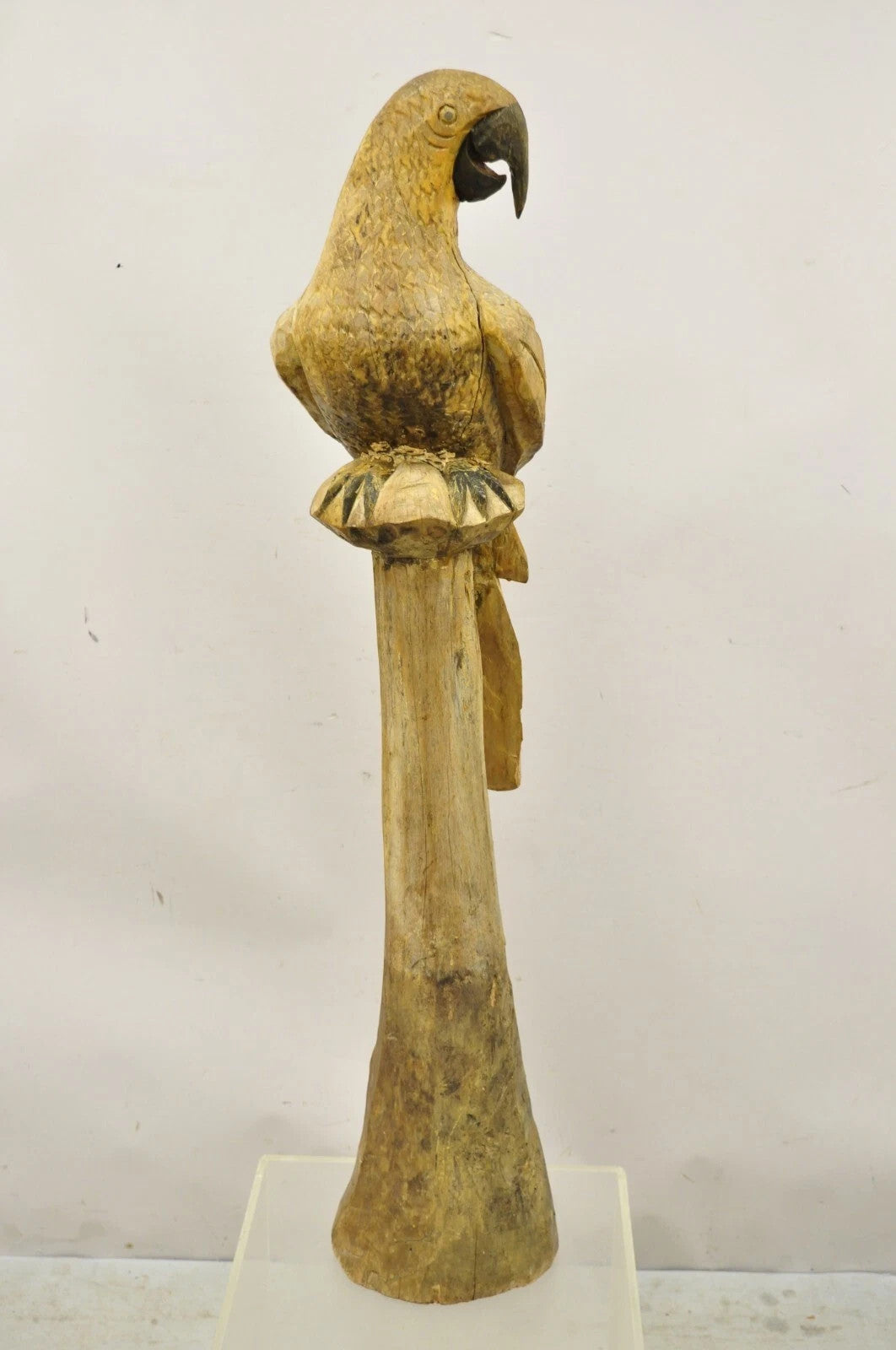 Large 46" Vintage Mid Century Carved Wood Perched Parrot Bird Statue Sculpture
