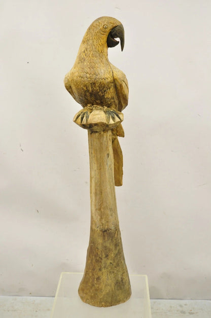 Large 46" Vintage Mid Century Carved Wood Perched Parrot Bird Statue Sculpture