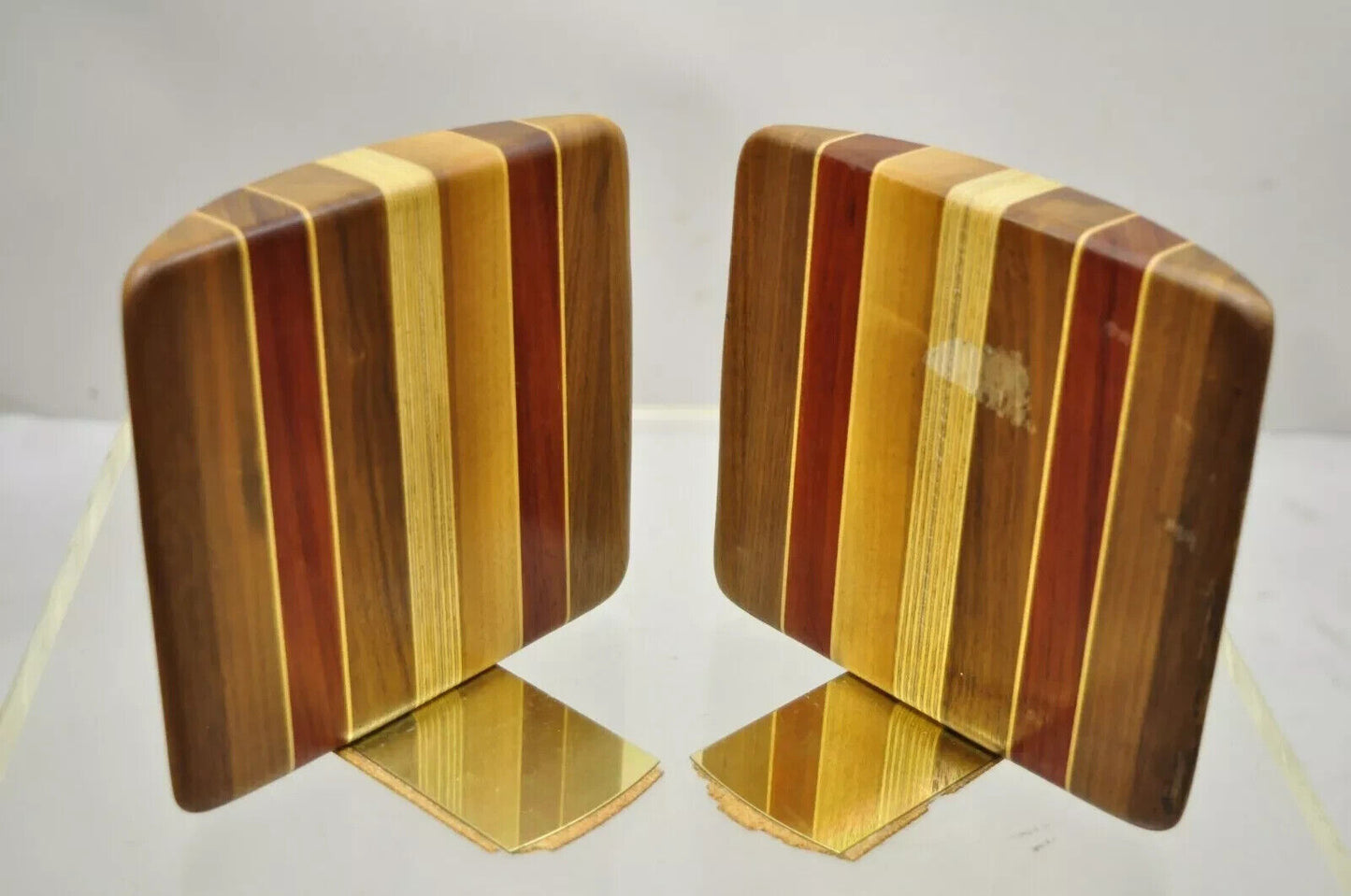 Vintage Mid Century Modern Solid Wood & Inlay Curved Modernist Bookends - a Pair