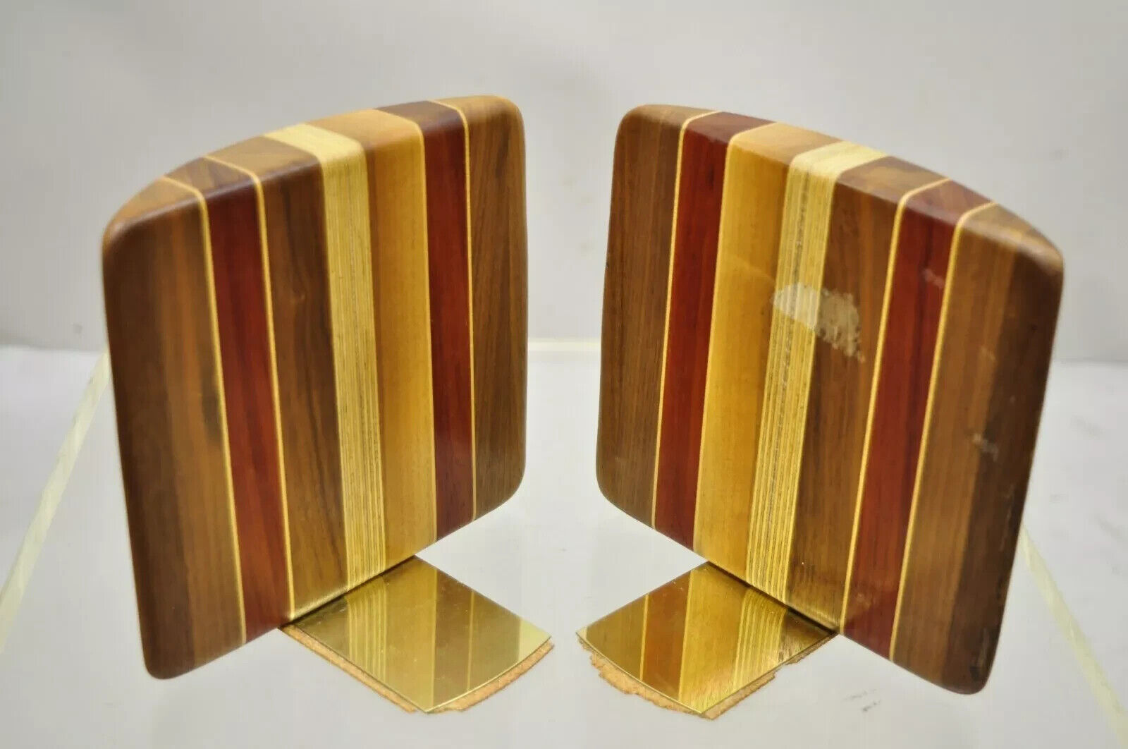 Vintage Mid Century Modern Solid Wood & Inlay Curved Modernist Bookends - a Pair