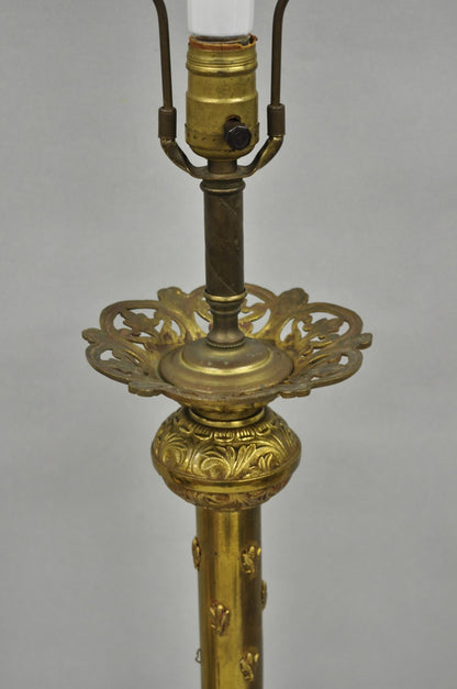 Antique French Renaissance Gothic Figural Brass Candlestick Column Table Lamp