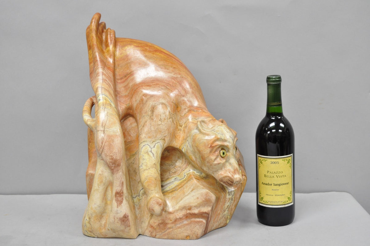 Vintage Seymour Shuren Modern Pink Carved Marble Abstract Panther Cat Sculpture