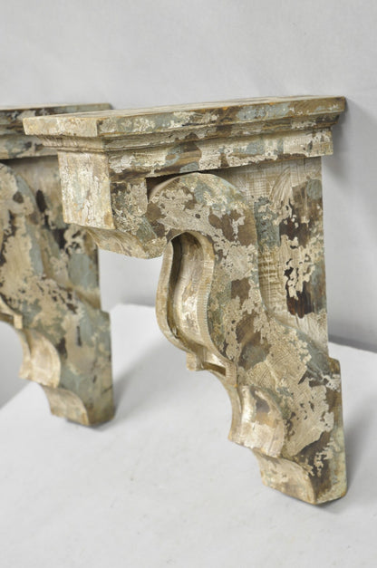 Victorian Carved Wood Blue & White Distress Painted Corbel Wall Bracket - a Pair