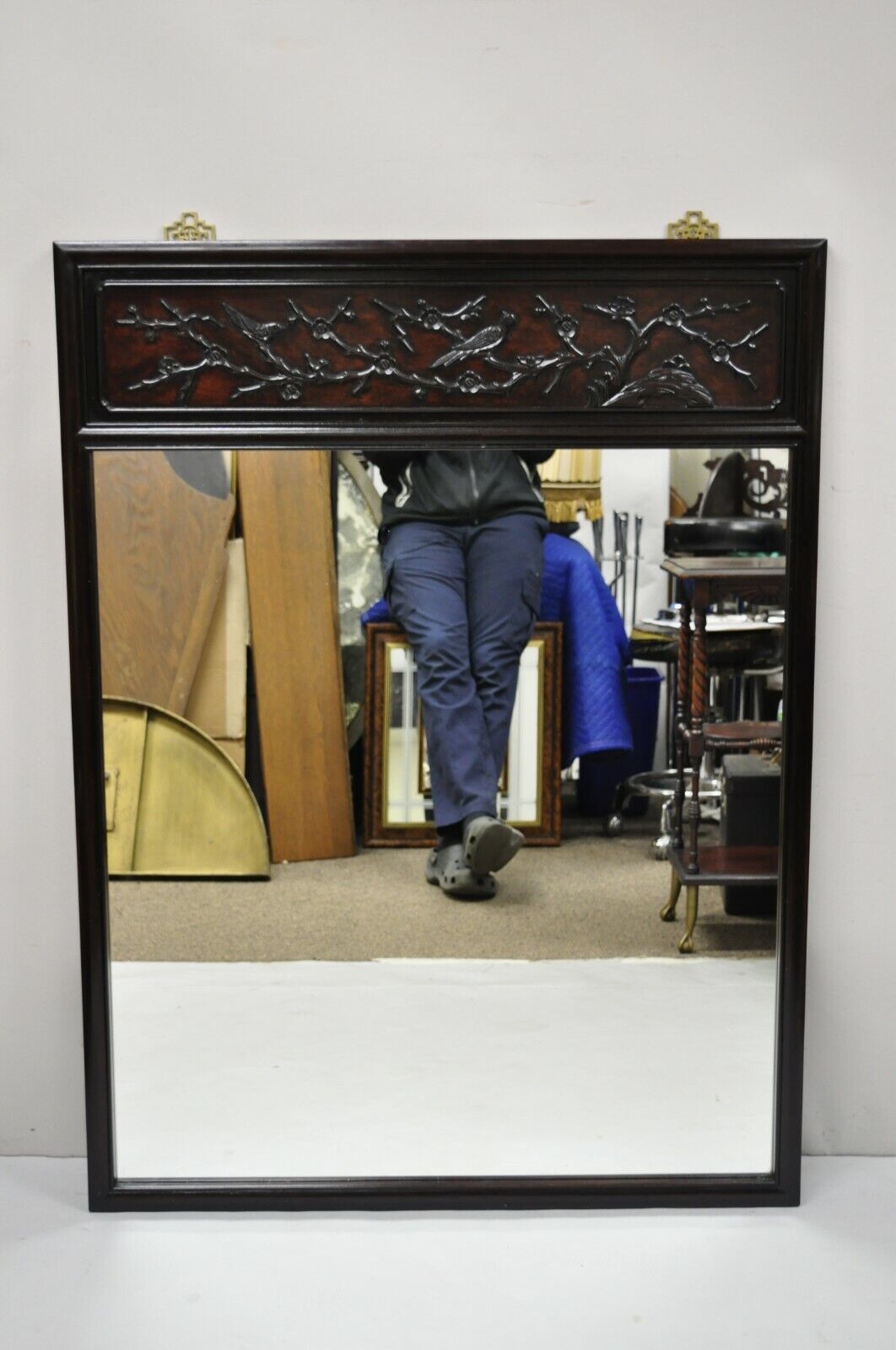 Vintage Chinese Bird Carved Hardwood Mahogany Rectangular Oriental Wall Mirror