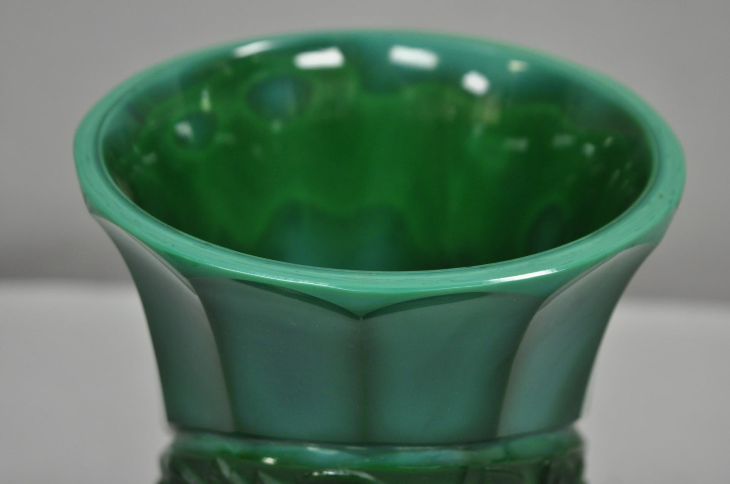 Antique Art Deco Malachite Jade Green Czech Glass Pedestal Vase with Bird