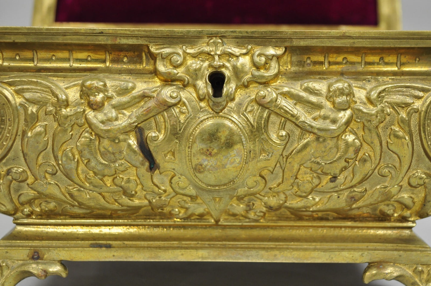 Antique French Renaissance Figural Bronze Casket Jewelry Box with Cherubs