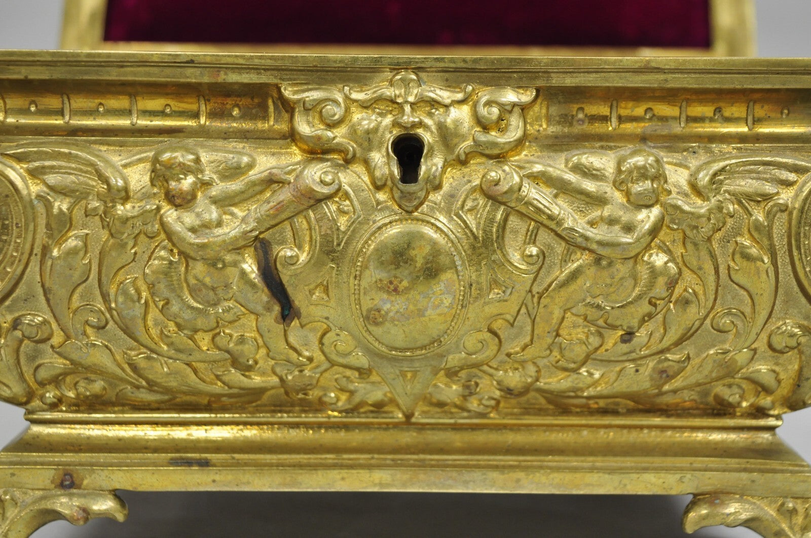 Antique French Renaissance Figural Bronze Casket Jewelry Box with Cherubs