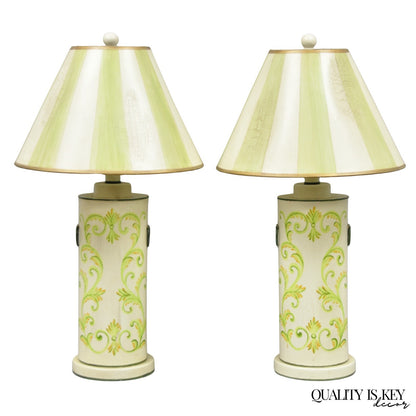 French Country Cream & Green Distressed Tole Metal Cylinder Table Lamps - a Pair