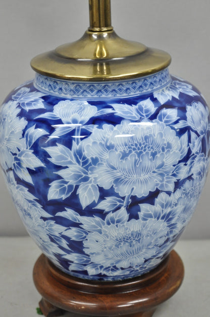 Vintage Chinoiserie Blue White Porcelain Flowers Oriental Ginger Jar Table Lamp
