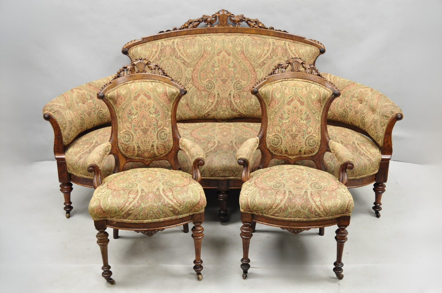 Antique Eastlake Victorian Carved Burl Walnut Parlor Set Sofa & 2 Chairs - 3 Pcs